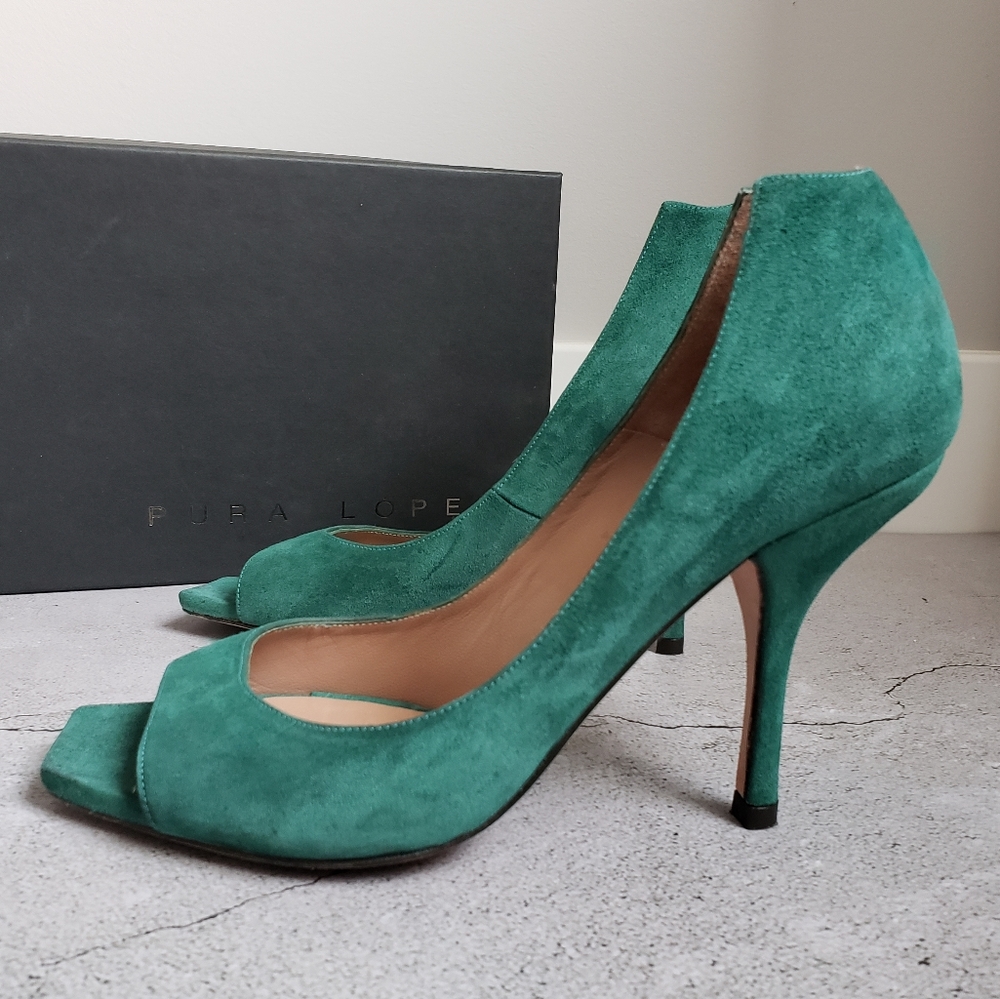 Pura Lopez Emerald Green Suede Peep Toe Pumps Sz 38.5 - Picture 6 of 15